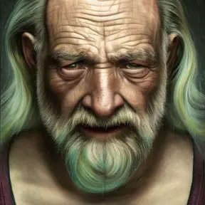 wrinkled old man, 8k, Highly Detailed, Intricate, Beautiful, Freckles, Green Hair, Large Eyes, Pretty Face, Rosy Cheeks, Small Nose, Smiling, Strong Jaw, Tattoos, Matte Painting, Realistic, Sharp Focus, Volumetric Lighting, Fantasy, Elegant, Muscular by Stanley Artgerm Lau, Alphonse Mucha, Stefan Kostic