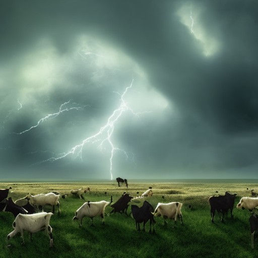 a field of goats, 4k, 4k resolution, 8k, Eldritch, Foreboding, HD, High Definition, High Resolution, Highly Detailed, HQ, Hyper Detailed, Digital Illustration, Matte Painting, Spring, Thunder Clouds, Apocalyptic, Threatening by Stefan Kostic