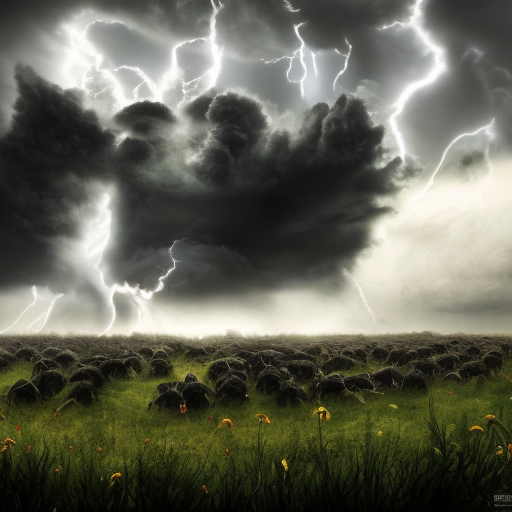 a field of evil goats, sharp teeth, tentacles, 4k, 4k resolution, 8k, Eldritch, Foreboding, HD, High Definition, High Resolution, Highly Detailed, HQ, Hyper Detailed, Digital Illustration, Matte Painting, Spring, Thunder Clouds, Apocalyptic, Threatening, Crepuscular Rays by Stefan Kostic