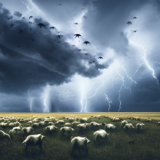 a field of evil goats monsters with sharp teeth, 4k, 4k resolution, 8k, Eldritch, Foreboding, HD, High Definition, High Resolution, Highly Detailed, HQ, Hyper Detailed, Digital Illustration, Matte Painting, Spring, Thunder Clouds, Apocalyptic, Threatening, Crepuscular Rays by Stefan Kostic