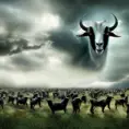 a field of evil goats monsters with sharp teeth, 4k, 4k resolution, 8k, Eldritch, Foreboding, HD, High Definition, High Resolution, Highly Detailed, HQ, Digital Illustration, Matte Painting, Spring, Thunder Clouds, Fantasy, Apocalyptic, Threatening by Stefan Kostic