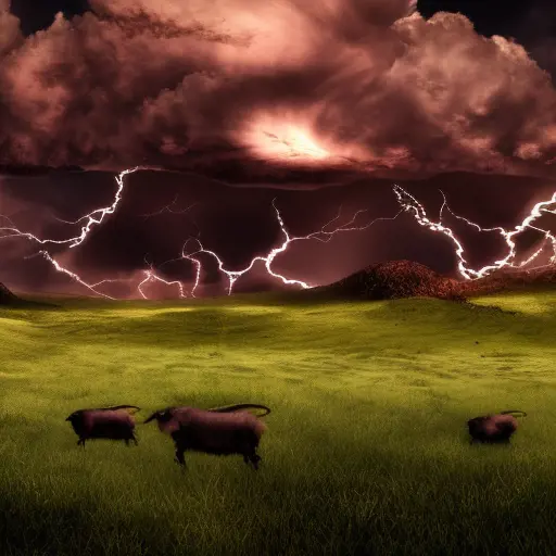 a field of evil goats monsters with sharp teeth, 4k, 4k resolution, 8k, Eldritch, Foreboding, HD, High Definition, High Resolution, Highly Detailed, HQ, Digital Illustration, Matte Painting, Spring, Thunder Clouds, Fantasy, Apocalyptic, Threatening by Stefan Kostic