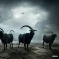 a flock of evil goats monsters, 4k, 4k resolution, 8k, Eldritch, Foreboding, HD, High Definition, High Resolution, Highly Detailed, HQ, Digital Illustration, Matte Painting, Spring, Fantasy, Apocalyptic, Threatening by Stefan Kostic