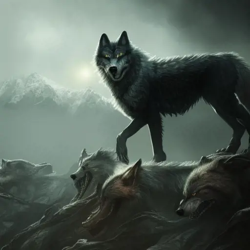 a pack of evil wolf monsters, 4k, 4k resolution, 8k, Eldritch, Foreboding, HD, High Definition, High Resolution, Highly Detailed, HQ, Digital Illustration, Matte Painting, Spring, Fantasy, Apocalyptic, Doom, Threatening, Unnerving by Stefan Kostic