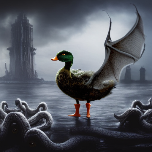 Cthulhu's pet duck, 4k, 4k resolution, 8k, Eldritch, HD, High Definition, High Resolution, Highly Detailed, HQ, Digital Illustration, Matte Painting, Cloudy Day, Diffuse Lighting, Dim light, Moody Lighting, Overcast light, Fantasy, Apocalyptic, Doom, Dreadful, Forbidding, Frightful, Harrowing, Hideous, Ominous, Shocking, Terrifying, Threatening, Unnerving by Stefan Kostic