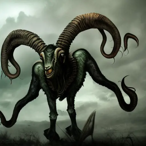 Cthulhu goat, 4k, 4k resolution, 8k, Eldritch, HD, High Definition, High Resolution, Highly Detailed, HQ, Wings, Digital Illustration, Matte Painting, Cloudy Day, Diffuse Lighting, Dim light, Moody Lighting, Overcast light, Fantasy, Apocalyptic, Doom, Dreadful, Forbidding, Frightful, Harrowing, Hideous, Ominous, Shocking, Terrifying, Threatening, Unnerving by Stefan Kostic