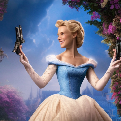 Disney's Cinderella with a pistol, 8k, Highly Detailed, Intricate, Half Body, Matte Painting, Realistic, Sharp Focus, Fantasy by Stefan Kostic