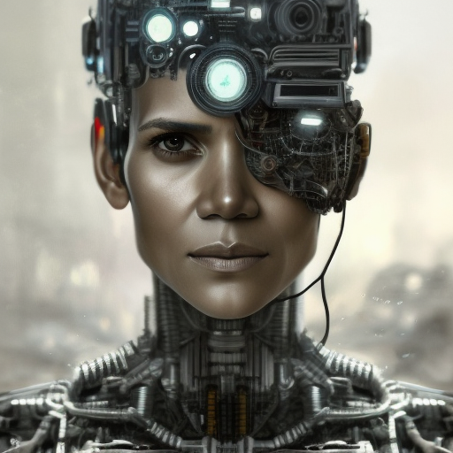Alluring portrait of cyborg Halle Berry, 8k, Dystopian, High Definition, Highly Detailed, Hyper Detailed, Intricate, Intricate Artwork, Intricate Details, Ultra Detailed, Cybernatic and Sci-Fi, Half Body, Post-Apocalyptic, Futuristic, Sci-Fi, Science Fiction, Matte Painting, Sharp Focus by Stefan Kostic
