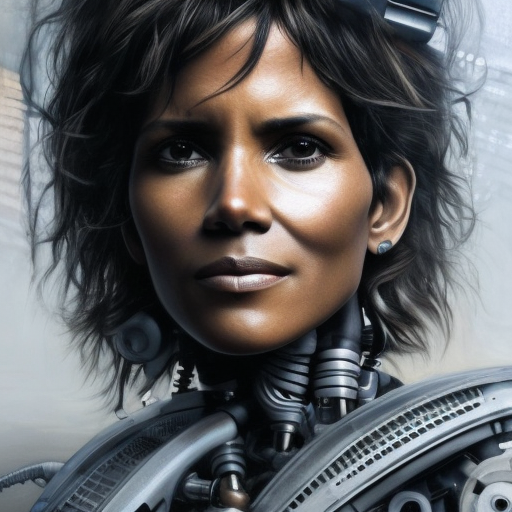 Alluring portrait of Halle Berry with a cyborg eye, 8k, Dystopian, High Definition, Highly Detailed, Hyper Detailed, Intricate, Intricate Artwork, Intricate Details, Ultra Detailed, Cybernatic and Sci-Fi, Half Body, Post-Apocalyptic, Futuristic, Sci-Fi, Science Fiction, Matte Painting, Sharp Focus by Stefan Kostic
