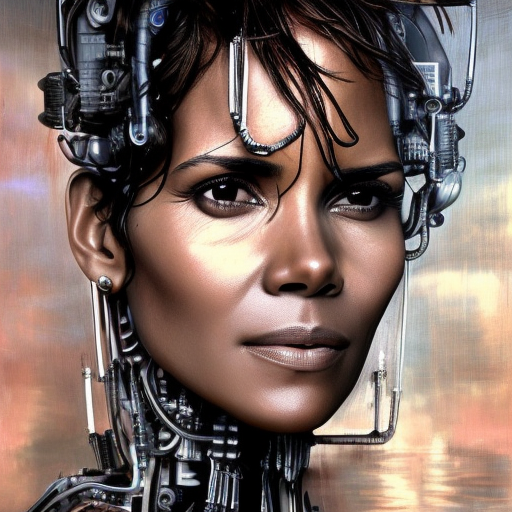 Alluring portrait of Halle Berry with a cybernetic eye, 8k, Dystopian, High Definition, Highly Detailed, Hyper Detailed, Intricate, Intricate Artwork, Intricate Details, Ultra Detailed, Cybernatic and Sci-Fi, Half Body, Post-Apocalyptic, Futuristic, Sci-Fi, Science Fiction, Matte Painting, Sharp Focus by Stefan Kostic