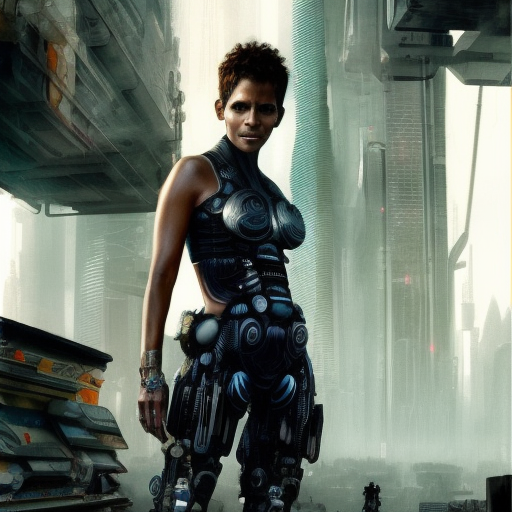 Alluring portrait of Halle Berry in a cyberpunk city, 8k, Dystopian, High Definition, Highly Detailed, Hyper Detailed, Intricate, Intricate Artwork, Intricate Details, Ultra Detailed, Cybernatic and Sci-Fi, Post-Apocalyptic, Futuristic, Sci-Fi, Science Fiction, Matte Painting, Sharp Focus by Stefan Kostic