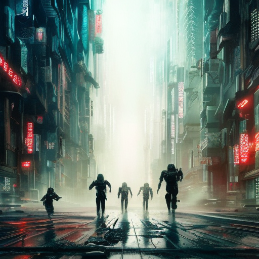 group of cyborgs running through a cyberpunk city, 8k, Dystopian, High Definition, Highly Detailed, Hyper Detailed, Intricate, Intricate Artwork, Intricate Details, Ultra Detailed, Cgsociety, Cybernatic and Sci-Fi, Post-Apocalyptic, Futuristic, Sci-Fi, Science Fiction, Matte Painting, Sharp Focus by Stefan Kostic
