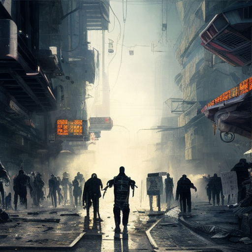 cyborgs protest in a cyberpunk city, 8k, Dystopian, High Definition, Highly Detailed, Hyper Detailed, Intricate, Intricate Artwork, Intricate Details, Ultra Detailed, Cgsociety, Cybernatic and Sci-Fi, Post-Apocalyptic, Futuristic, Sci-Fi, Science Fiction, Matte Painting, Sharp Focus by Stefan Kostic