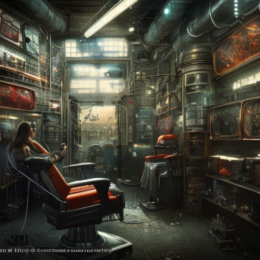 inside of a cyberpunk barber shop, 8k, Dystopian, High Definition, Highly Detailed, Hyper Detailed, Intricate, Intricate Artwork, Intricate Details, Ultra Detailed, Cgsociety, Cybernatic and Sci-Fi, Post-Apocalyptic, Futuristic, Sci-Fi, Science Fiction, Matte Painting, Sharp Focus by Stefan Kostic