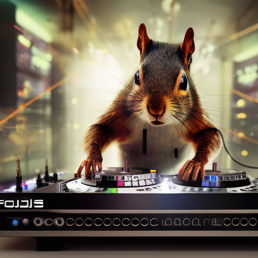 a cyborg squirrel as a dj in a cyberpunk disco club, 8k, Dystopian, High Definition, Highly Detailed, Hyper Detailed, Intricate, Intricate Artwork, Intricate Details, Ultra Detailed, Cybernatic and Sci-Fi, Post-Apocalyptic, Trending on Artstation, Futuristic, Sci-Fi, Science Fiction, Matte Painting, Sharp Focus by Stefan Kostic