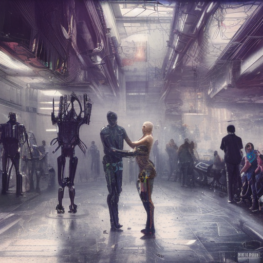 waltzing cyborgs in a cyberpunk ballroom, 8k, Dystopian, High Definition, Highly Detailed, Hyper Detailed, Intricate, Intricate Artwork, Intricate Details, Ultra Detailed, Cybernatic and Sci-Fi, Post-Apocalyptic, Trending on Artstation, Futuristic, Sci-Fi, Science Fiction, Matte Painting, Sharp Focus by Stefan Kostic