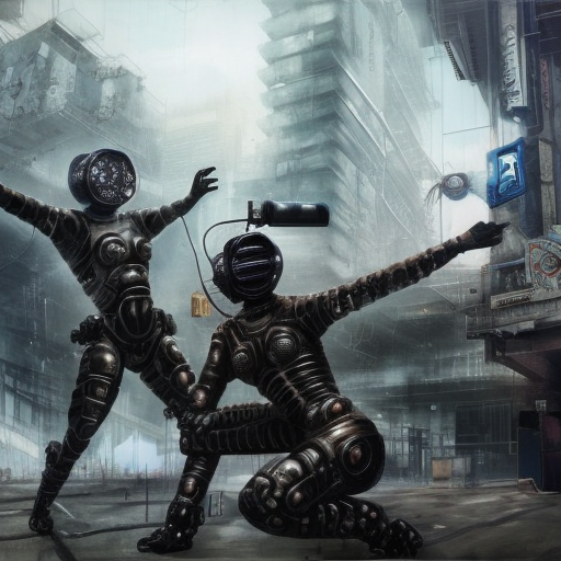cyberpunk (Russian squat dancing) troupe, 8k, Dystopian, High Definition, Highly Detailed, Hyper Detailed, Intricate, Intricate Artwork, Intricate Details, Ultra Detailed, Cybernatic and Sci-Fi, Post-Apocalyptic, Trending on Artstation, Futuristic, Sci-Fi, Science Fiction, Matte Painting, Sharp Focus by Stefan Kostic