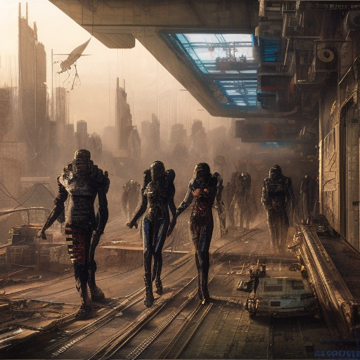 cyberpunk conga line, 8k, Dystopian, High Definition, Highly Detailed, Hyper Detailed, Intricate, Intricate Artwork, Intricate Details, Ultra Detailed, Cgsociety, Cybernatic and Sci-Fi, Post-Apocalyptic, Futuristic, Sci-Fi, Science Fiction, Matte Painting, Sharp Focus by Stefan Kostic