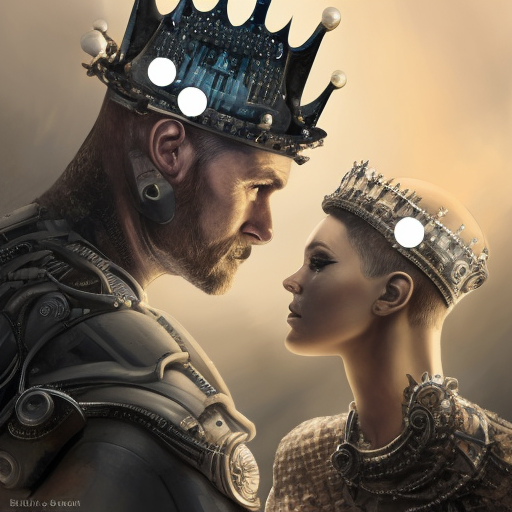 alluring portrait of a cyborg king and queen. both have crowns., 8k, Dystopian, High Definition, Highly Detailed, Hyper Detailed, Intricate, Intricate Artwork, Intricate Details, Ultra Detailed, Cgsociety, Cybernatic and Sci-Fi, Post-Apocalyptic, Cyberpunk, Futuristic, Sci-Fi, Science Fiction, Matte Painting, Sharp Focus by Stefan Kostic