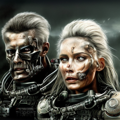 portrait of the King and Queen of the t800 terminators, 8k, Dystopian, High Definition, Highly Detailed, Hyper Detailed, Intricate, Intricate Artwork, Intricate Details, Ultra Detailed, Cgsociety, Cybernatic and Sci-Fi, Post-Apocalyptic, Futuristic, Sci-Fi, Science Fiction, Matte Painting, Sharp Focus by Stefan Kostic