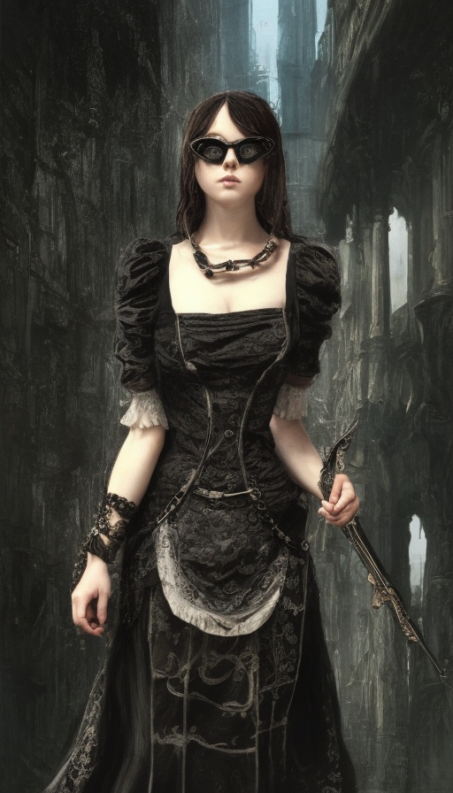 assassin wearing (small circular sunglasses) and (victorian gothic dress), 4k, 4k resolution, 8k, HD, High Definition, High Resolution, Highly Detailed, HQ, Hyper Detailed, Intricate, Intricate Artwork, Intricate Details, Ultra Detailed, Artstation, Cgsociety, Full Body, Animecore, Cyberpunk, Unimaginable Beauty, Digital Painting, Matte Painting, Realistic, Sharp Focus, Anime, Fantasy by Stefan Kostic