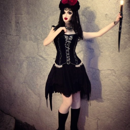 (beautiful assassin) holding a  (small dagger), wearing (dark victorian gothic dress) and black (headdress, blouse, poofy skirt, petticoat, lace stockings), straight long black hair with bangs, (dark red lipstick, black eyeliner, pale skin, long eyelashes), (rosary, lace choker, small, lacy hat), corset, platform shoes, 4k, 4k resolution, 8k, HD, High Definition, High Resolution, Highly Detailed, HQ, Hyper Detailed, Intricate, Intricate Artwork, Intricate Details, Ultra Detailed, Artstation, Cgsociety, Cyberpunk, Gothic, Digital Painting, Matte Painting, Sharp Focus, Fantasy by Stefan Kostic