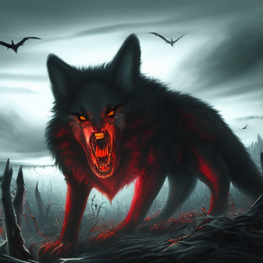 Large evil wolf growling with red eyes and sharp fangs, 4k, 4k resolution, 8k, Eldritch, Foreboding, HD, High Definition, High Resolution, Highly Detailed, HQ, Digital Illustration, Matte Painting, Spring, Fantasy, Apocalyptic, Doom, Ominous, Terrifying, Threatening, Unnerving by Stefan Kostic