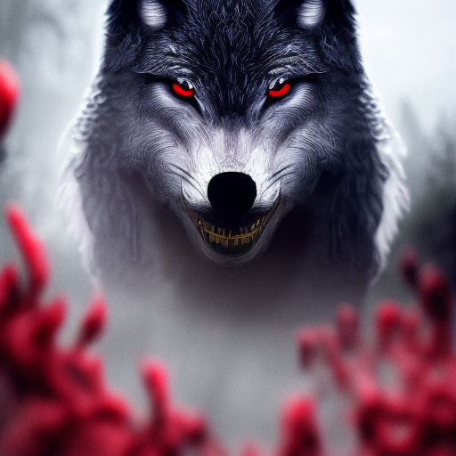 Large evil wolf growling with piercing red eyes, 4k, 4k resolution, 8k, Eldritch, Foreboding, HD, High Definition, High Resolution, Highly Detailed, HQ, Digital Illustration, Matte Painting, Spring, Fantasy, Apocalyptic, Doom, Ominous, Terrifying, Threatening, Unnerving by Stefan Kostic