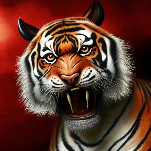 Large evil tiger growling with red eyes, preparing to attack, 4k, 4k resolution, 8k, Eldritch, Foreboding, HD, High Definition, High Resolution, Highly Detailed, HQ, Digital Illustration, Matte Painting, Spring, Fantasy, Apocalyptic, Doom, Ominous, Terrifying, Threatening, Unnerving by Stefan Kostic