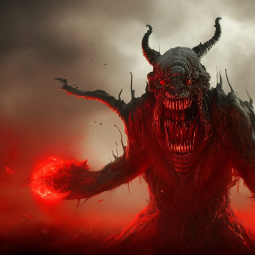 Large evil demon growling with red eyes, preparing to attack, 4k, 4k resolution, 8k, Eldritch, Foreboding, HD, High Definition, High Resolution, Highly Detailed, HQ, Digital Illustration, Matte Painting, Spring, Fantasy, Apocalyptic, Doom, Ominous, Terrifying, Threatening, Unnerving by Stefan Kostic