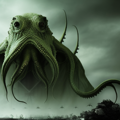 Large evil Cthulhu growling with red eyes, preparing to attack, 4k, 4k resolution, 8k, Eldritch, Foreboding, HD, High Definition, High Resolution, Highly Detailed, HQ, Digital Illustration, Matte Painting, Spring, Fantasy, Apocalyptic, Doom, Ominous, Terrifying, Threatening, Unnerving by Stefan Kostic