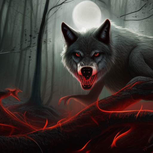 Large evil wolf growling with red eyes, preparing to attack, 4k, 4k resolution, 8k, Eldritch, Foreboding, HD, High Definition, High Resolution, Highly Detailed, HQ, Digital Illustration, Matte Painting, Spring, Fantasy, Apocalyptic, Doom, Ominous, Terrifying, Threatening, Unnerving by Stefan Kostic
