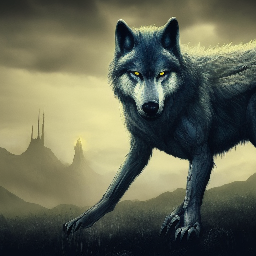 Large evil wolf growling with yellow eyes, preparing to attack, 4k, 4k resolution, 8k, Eldritch, Foreboding, HD, High Definition, High Resolution, Highly Detailed, HQ, Digital Illustration, Matte Painting, Spring, Fantasy, Apocalyptic, Doom, Ominous, Terrifying, Threatening, Unnerving by Stefan Kostic