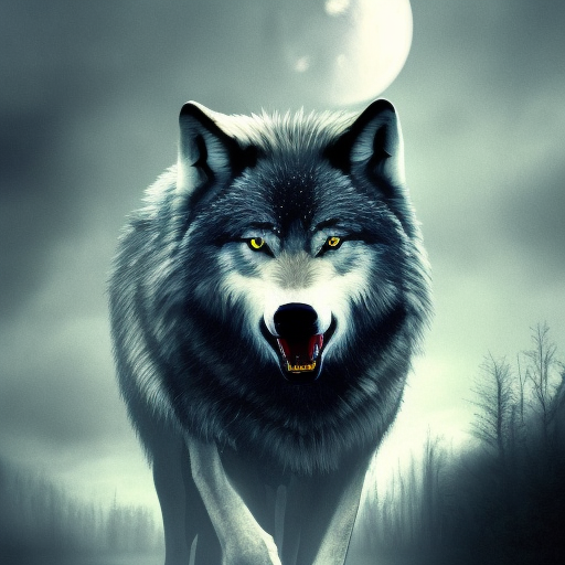 Large vicious wolf growling with yellow eyes, preparing to attack, 4k, 4k resolution, 8k, Eldritch, Foreboding, HD, High Definition, High Resolution, Highly Detailed, HQ, Digital Illustration, Matte Painting, Spring, Fantasy, Apocalyptic, Doom, Ominous, Terrifying, Threatening, Unnerving by Stefan Kostic