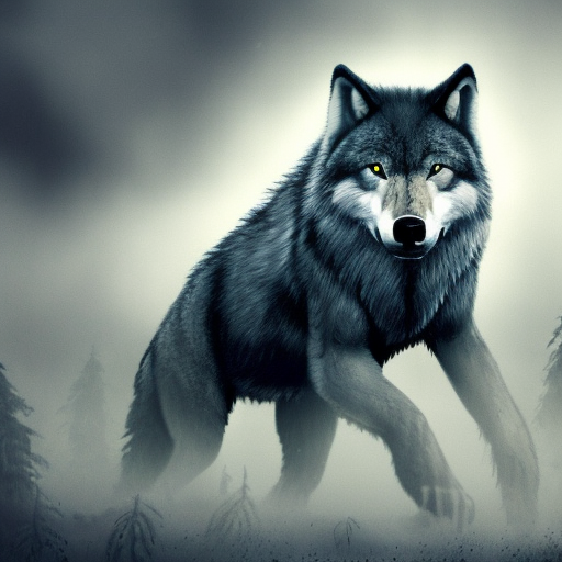 Large vicious wolf with red eyes, glowing, preparing to attack from the mist, 4k, 4k resolution, 8k, Eldritch, Foreboding, HD, High Definition, High Resolution, Highly Detailed, HQ, Digital Illustration, Matte Painting, Spring, Fantasy, Apocalyptic, Doom, Ominous, Terrifying, Threatening, Unnerving by Stefan Kostic