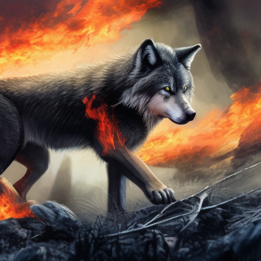 Large vicious wolf with red eyes, emerging from a fire, preparing to attack, 4k, 4k resolution, 8k, Eldritch, Foreboding, HD, High Definition, High Resolution, Highly Detailed, HQ, Digital Illustration, Matte Painting, Spring, Fantasy, Apocalyptic, Doom, Ominous, Terrifying, Threatening, Unnerving by Stefan Kostic