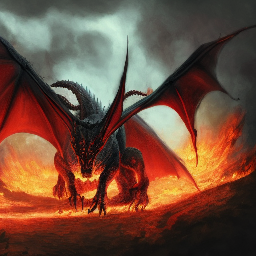 Large vicious dragon with red eyes, emerging from a fire, preparing to attack, 4k, 4k resolution, 8k, Eldritch, Foreboding, HD, High Definition, High Resolution, Highly Detailed, HQ, Digital Illustration, Matte Painting, Spring, Fantasy, Apocalyptic, Doom, Ominous, Terrifying, Threatening, Unnerving by Stefan Kostic