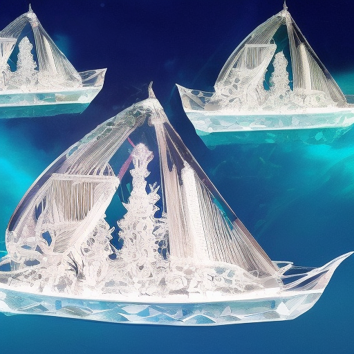 a large crystal boat floats on a crystalline ocean, small crystal people on the crystal deck. the boat is made of crystal, the sails are crystal. a group of crystal fish swim in the crystal water, 4k, 4k resolution, 8k, Crystallized, High Definition, High Resolution, Highly Detailed, Hyper Detailed, Intricate Artwork, Intricate Details, Ultra Detailed, Digital Painting, Sharp Focus, Aerial Photograph, Iridescence, Holographic