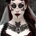 victorian gothic pirate queen, (very dark red hair), pale skin, dark eyes, black lace, small black face tattoo, black lace veil, black lace collar, black lace skirt, 4k, 4k resolution, 8k, High Definition, High Resolution, Highly Detailed, Hyper Detailed, Intricate Artwork, Intricate Details, Ultra Detailed, Full Body, Brunette, Small Nose, Digital Painting, Matte Painting, Sharp Focus, Aerial Photograph, Threatening by Stefan Kostic