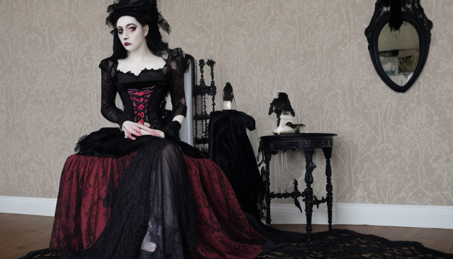 a victorian gothic queen sitting on a black velvet throne, (extremely dark red, almost black hair), pale skin, dark eyes, black lace, small black face tattoo, black lace veil, black lace collar, black lace skirt, black ruff, intricate lace everywhere, full body. at left and right is a pair of victorian gothic soldiers with black hair and dark eyes., 4k, 4k resolution, 8k, High Definition, High Resolution, Highly Detailed, Hyper Detailed, Intricate Artwork, Intricate Details, Ultra Detailed, Full Body, Brunette, Small Nose, Digital Painting, Matte Painting, Sharp Focus, Aerial Photograph, Threatening by Stefan Kostic