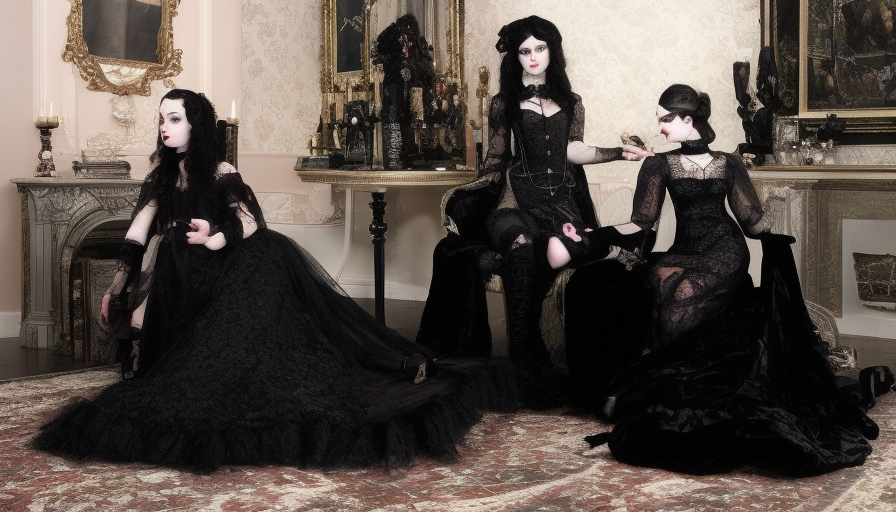 a victorian gothic queen sitting on a black velvet throne, with victorian gothic escorts. she has black hair, pale skin, dark eyes, black lace, small black face tattoo, black lace veil, black lace collar, black lace skirt, black ruff, intricate lace everywhere, full body. at left and right is a pair of victorian gothic soldiers with black hair and dark eyes., 4k, 4k resolution, 8k, High Definition, High Resolution, Highly Detailed, Hyper Detailed, Intricate Artwork, Intricate Details, Ultra Detailed, Full Body, Brunette, Small Nose, Digital Painting, Matte Painting, Sharp Focus, Aerial Photograph, Threatening by Stefan Kostic
