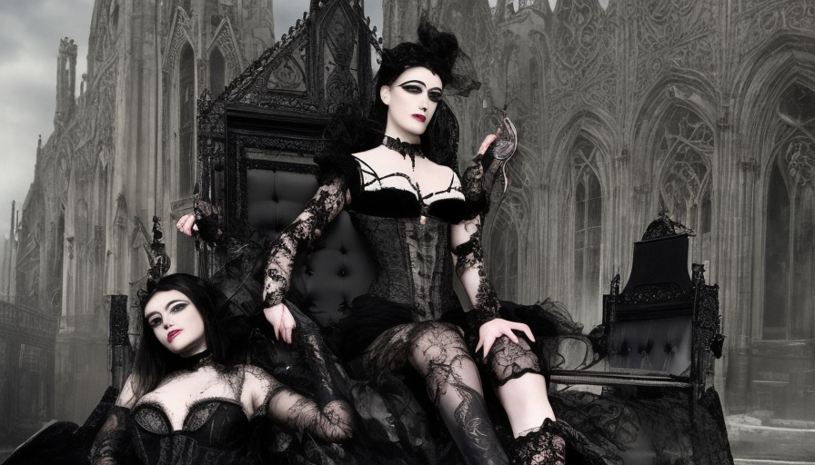 a victorian gothic queen sitting on a black velvet throne, with cyberpunk escorts standing at attention. she has black hair, pale skin, dark eyes, black lace, small black face tattoo, black lace veil, black lace collar, black lace skirt, black ruff, intricate lace everywhere, full body. at left and right is a pair of victorian gothic soldiers with black hair and dark eyes., 4k, 4k resolution, 8k, High Definition, High Resolution, Highly Detailed, Hyper Detailed, Intricate Artwork, Intricate Details, Ultra Detailed, Full Body, Brunette, Small Nose, Digital Painting, Matte Painting, Sharp Focus, Aerial Photograph, Threatening by Stefan Kostic