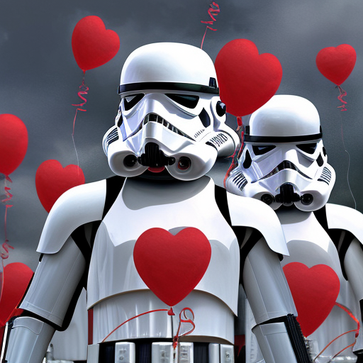 stormtroopers on parade, with Valentine's day balloons. red and pink armor. no white armor., 4k, 4k resolution, 8k, HD, High Definition, High Resolution, Highly Detailed, HQ, Intricate Artwork, Ultra Detailed, Digital Painting, Matte Painting, Sunny Day, Realistic, Sharp Focus by Stefan Kostic