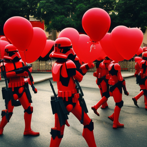 (red stormtroopers) on parade, with Valentine's day balloons. (red and pink armor). (no white armor), 4k, 4k resolution, 8k, HD, High Definition, High Resolution, Highly Detailed, HQ, Intricate Artwork, Ultra Detailed, Digital Painting, Matte Painting, Sunny Day, Realistic, Sharp Focus by Stefan Kostic
