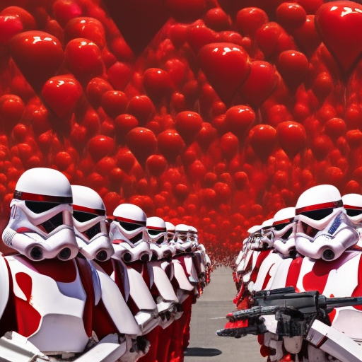 (red stormtroopers) on parade in a city, with (red or pink) Valentine's day heart balloons. (red or pink armor). (no white armor), 4k, 4k resolution, 8k, HD, High Definition, High Resolution, Highly Detailed, HQ, Hyper Detailed, Intricate Artwork, Ultra Detailed, Digital Painting, Matte Painting, Sunny Day, Realistic, Sharp Focus by Stefan Kostic