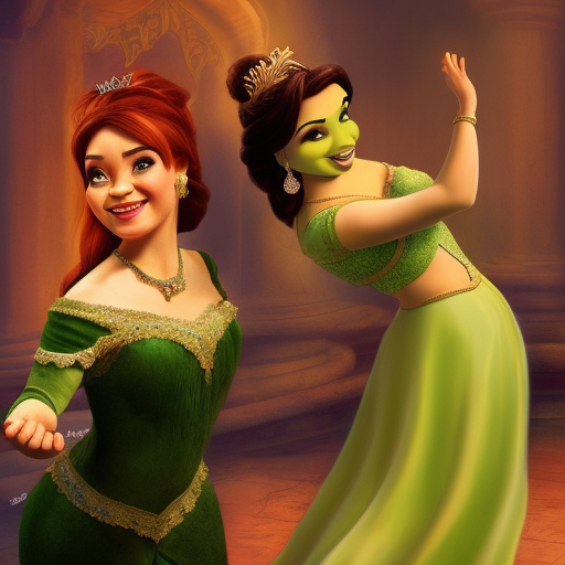 Princess Fiona dancing with Princess Jasmine , 4k, 4k resolution, 8k, HD, High Definition, High Resolution, Highly Detailed, HQ, Hyper Detailed, Intricate Artwork, Ultra Detailed, Digital Painting, Matte Painting, Realistic, Sharp Focus, Dim light, Fantasy by Stefan Kostic