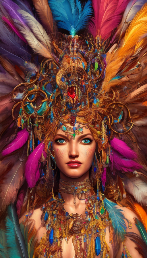 Closeup of a mystical tribal goddess surrounded by vibrant feathers and gemstones, 8k, Highly Detailed, Intricate, Artstation, Matte Painting, Disney, Sharp Focus, Volumetric Lighting, Concept Art by Stanley Artgerm Lau, Greg Rutkowski
