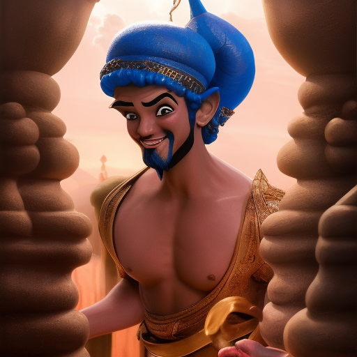The genie from Aladdin, 4k, 4k resolution, 8k, HD, High Definition, High Resolution, Highly Detailed, HQ, Hyper Detailed, Intricate Artwork, Ultra Detailed, Digital Painting, Matte Painting, Realistic, Sharp Focus, Dim light, Fantasy by Stefan Kostic