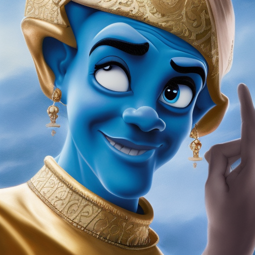 The genie from Disney's Aladdin, blue, 4k, 4k resolution, 8k, HD, High Definition, High Resolution, Highly Detailed, HQ, Hyper Detailed, Intricate Artwork, Ultra Detailed, Digital Painting, Matte Painting, Realistic, Sharp Focus, Dim light, Fantasy by Stefan Kostic