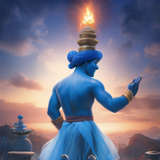 The blue genie from Disney's Aladdin, 4k, 4k resolution, 8k, HD, High Definition, High Resolution, Highly Detailed, HQ, Hyper Detailed, Intricate Artwork, Ultra Detailed, Digital Painting, Matte Painting, Realistic, Sharp Focus, Dim light, Fantasy by Stefan Kostic
